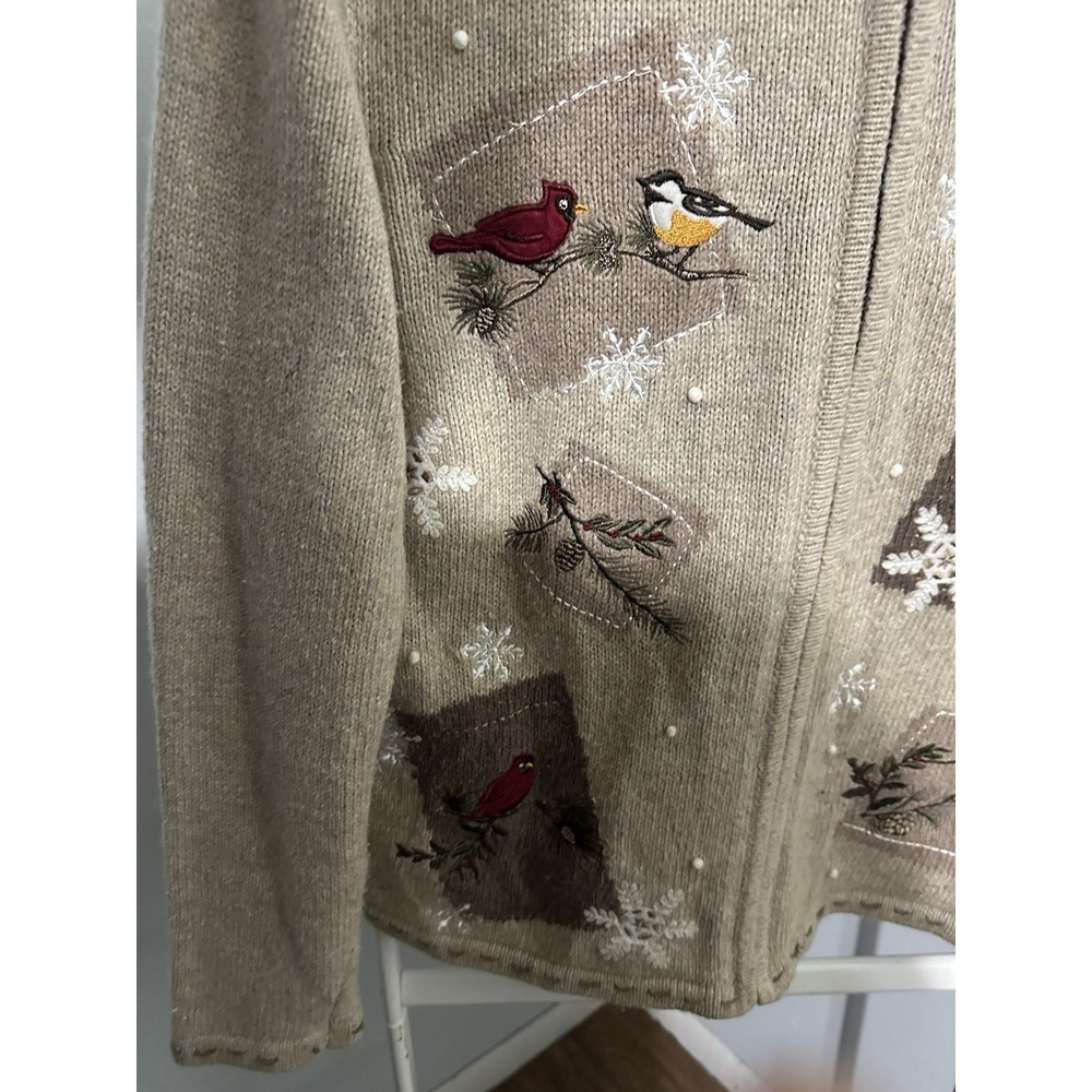 Croft & Barrow Cardigan Sweater Birds Snowflakes Winter Silk Blend Sz M - Picture 3 of 9